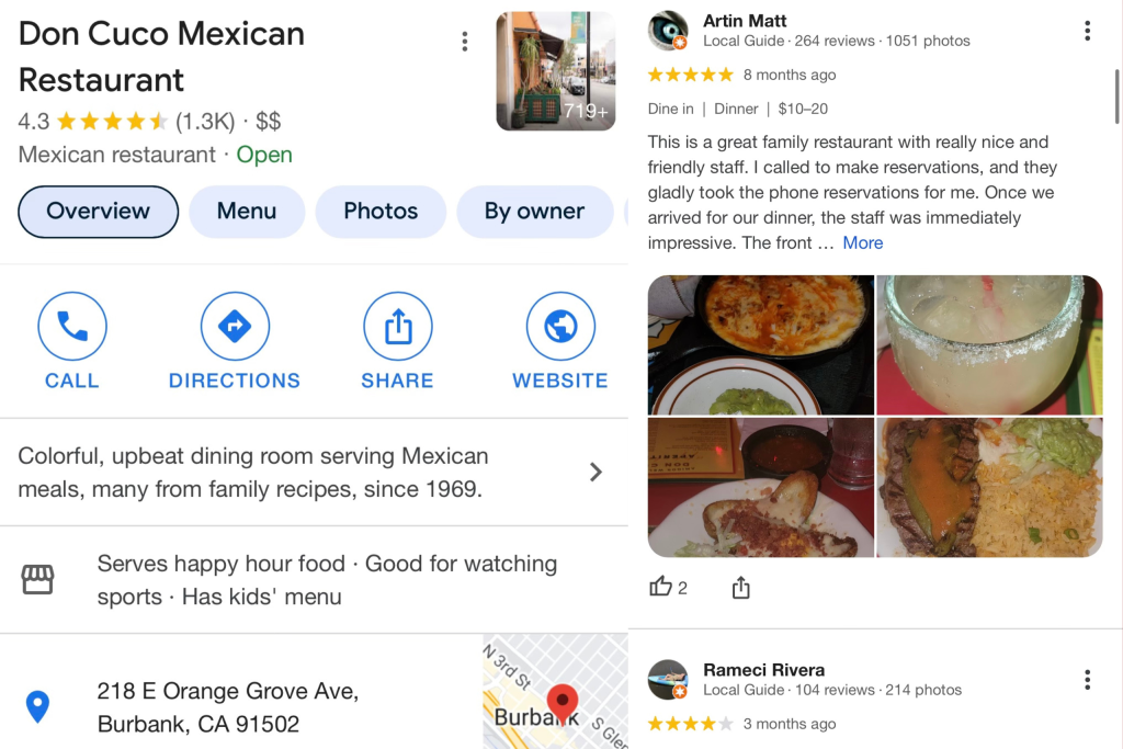 The google business profile of Don Cuco Mexican restaurant, showcasing the importance of GBP for local reach.