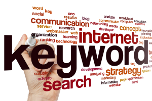 Word cloud illustrating various terms related to SEO, keywords, internet marketing, communication, search strategy, and web development