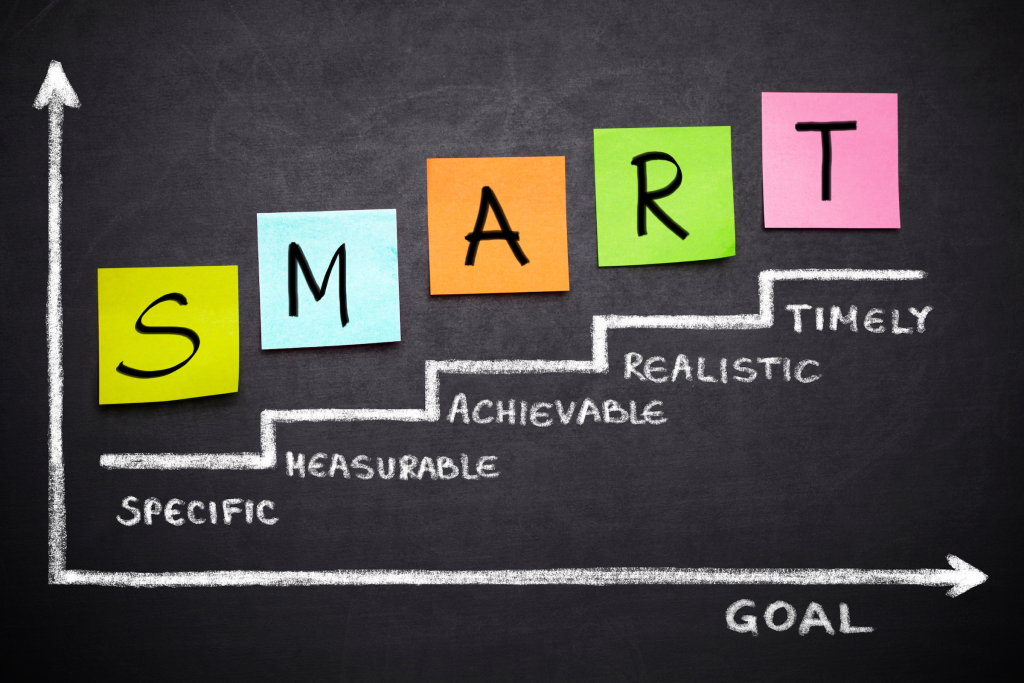 SMART goals concept visualized as colorful sticky notes and a stair-step diagram, emphasizing how to set realistic marketing goals for business success.